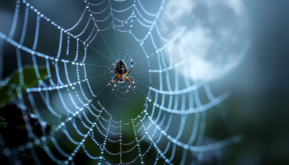 A spider sits in its web, illuminated by a soft moonlight, with droplets of dew.