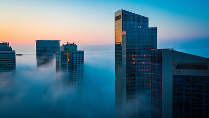 Fototapeta premium Skyscrapers rise above thick fog during dawn, with a colorful sunrise illuminating the buildings. This serene moment captures the beauty of urban life