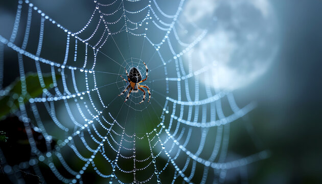 A spider sits in its web, illuminated by a soft moonlight, with droplets of dew.