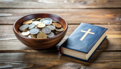 Donate and give concept. Coins in bowl and bible on wooden table.