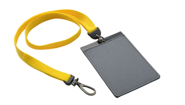 A yellow lanyard with a gray rectangular holder, suitable for employee identification