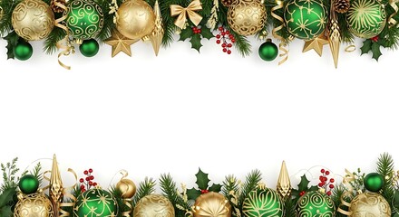 Festive Christmas garland with green and gold ornaments, holly berries, and pine needles on a white background.