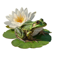 A green amphibian sits on a lily pad next to a white and yellow water lily