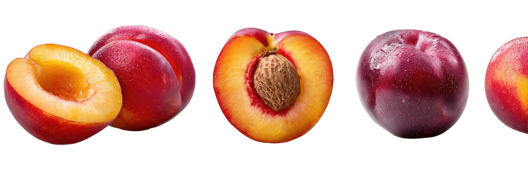 Four halves of vibrant red/purple plums