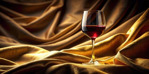 A Glass of Red Wine Rests on Luxurious Golden Fabric, Draped in Elegant Folds and Soft Lighting
