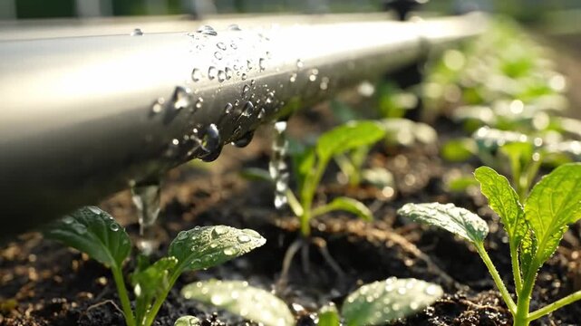 Close-up of a watering system with droplets on the pipe and on young, green plants