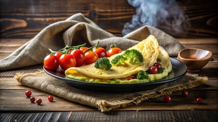 Aromatic Steaming Omelet with Broccoli and Cherry Tomatoes Served on Rustic Wooden Table