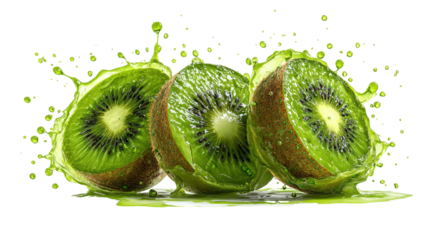 Close-up of three kiwi fruit halves with green juice splashes on a black background