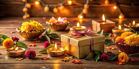 A Golden Gift Box Adorned with a Burgundy Ribbon, Surrounded by Lit Candles and Vibrant Autumnal Flowers on a Rustic Wooden Table