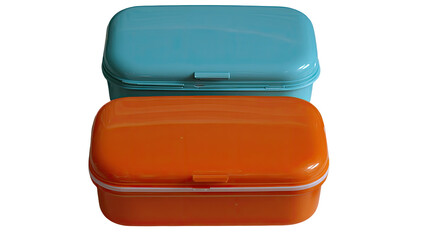 Two colorful, rectangular plastic containers, light teal and orange, stacked vertically