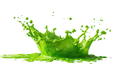 A vibrant, lime-green liquid crown splashes against a stark black background, isolated