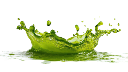 A vibrant, green liquid crown erupts upwards from a shallow pool against a black backdrop