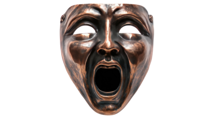 Bronze sculpture screaming with mouth wide open showing expressive emotion and artistic human face detail isolated on white background