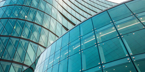 A striking modern building features a sleek glass facade with multiple angles and reflections of the surrounding city. The design showcases contemporary architecture and innovative materials