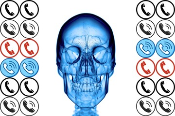 Blue medical illustration of a human skull with various phone and communication icons, symbolizing communication, calls, or medical alerts related to skull or head