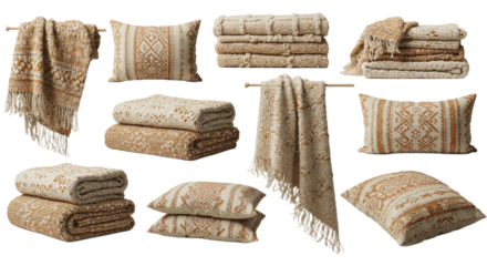Beige and brown patterned boho-style bed linens, pillows, and throws in a variety of folded and draped arrangements, perfect for home decor or bedroom styling