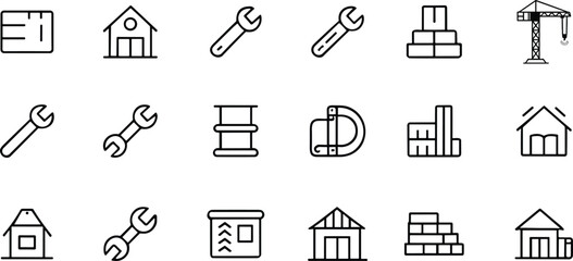 Construction line icons, architecture, house, building, blueprint, crane, helmet, wrench, bricks, factory, tools, design, outline, minimal, black and white, vector illustration set