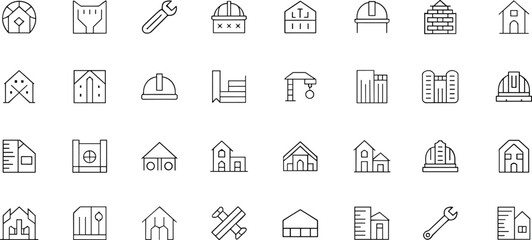 Architecture line icons, construction, house, building, tools, column, arch, hard hat, bricks, real estate, outline, minimal, vector illustration set