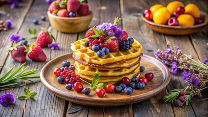 Delicious golden waffles topped with fresh berries and edible flowers, served on a rustic wooden plate