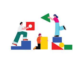 チームで協力して何かを積み上げる男女