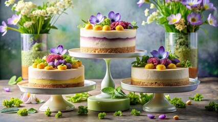 Delicious layered cakes adorned with vibrant flowers and colorful fruit, arranged on elegant cake stands, creating a stunning springtime dessert display.