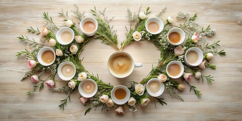 Aromatic Coffee Cups Encircled by Delicate Blooms on a Light Wooden Surface