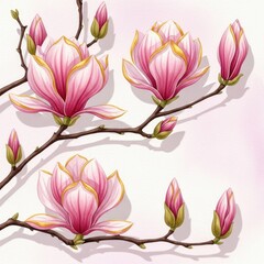 Fototapeta premium Magnolia Blossom Branches with Buds Watercolor Painting on Light Pink Background