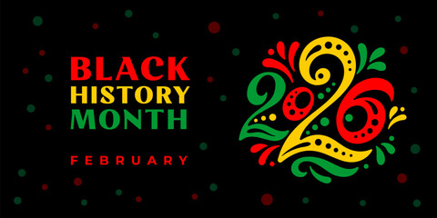 Black history month 2026 vector banner. Numbers with African colors. African-American History Month illustration for social media, card, poster on black background.