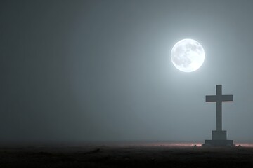 Naklejka premium Graveyard cross glowing under misty Halloween moon