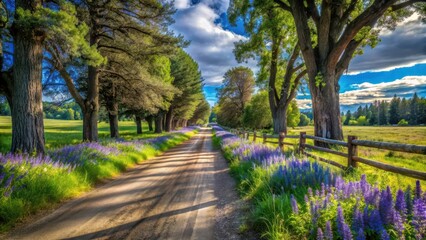 Serene Country Lane Adorned with Vibrant Blossoms and Majestic Trees under a Summer Sky
