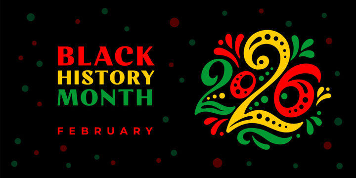 Black history month 2026 vector banner. Numbers with African colors. African-American History Month illustration for social media, card, poster on black background.