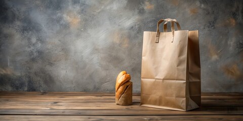 Rustic Wooden Tabletop Still Life Featuring a Paper Shopping Bag and Freshly Baked Bread Rolls