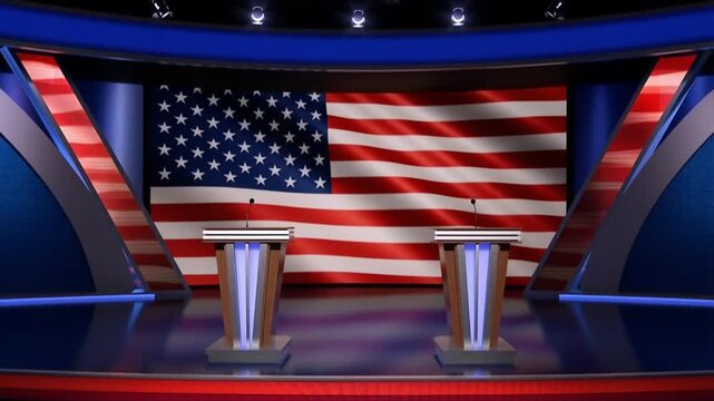 A formal and official virtual studio set for a political debate or serious presentation. Features two podiums on a stage with a looping national flag waving in the background