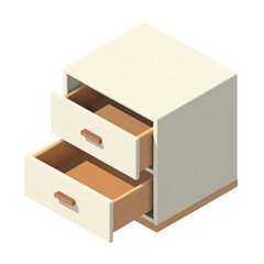 Isometric view of a small, two-drawer cabinet with open drawers, isolated on black