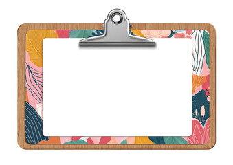 A wooden clipboard holds a blank white sheet with colorful floral patterns on edges