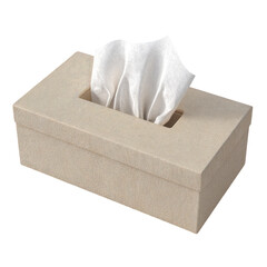 Beige rectangular tissue box with white tissues partially pulled out on a solid black background