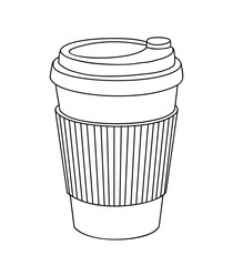 Minimalist black and white line drawing of a disposable coffee cup with lid and ribbed sleeve. Clean vector illustration with simple geometric lines on transparent background