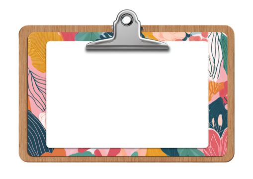 A wooden clipboard holds a blank white sheet with colorful floral patterns on edges