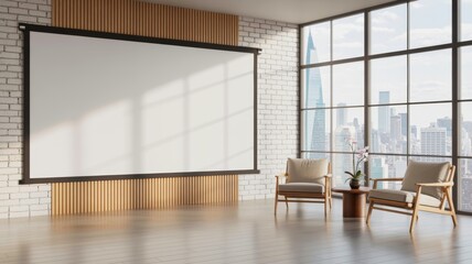 Fototapeta premium A modern room with a large screen, wooden accents, and expansive windows showcasing a city skyline.