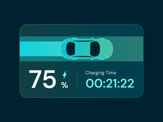 Electric Vehicle battery charging Status Dashboard Hologram Interface with data Charging and car top view progress bar vector design concept. Battery charger for EV car, ui, webste, infographic.