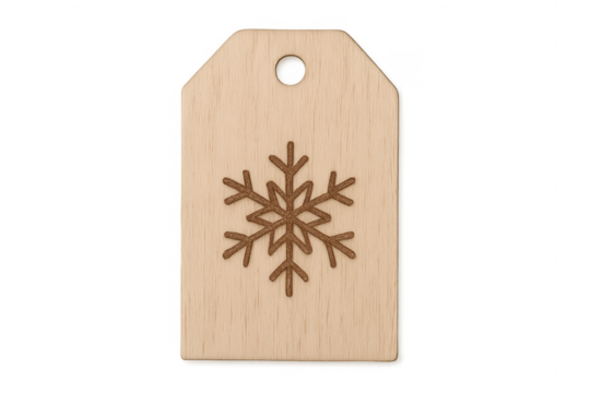 Wooden gift tag with engraved snowflake for christmas