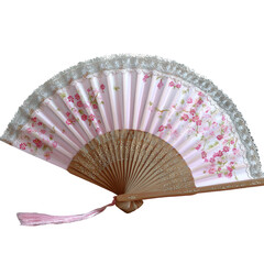 Pink folding fan with floral design, lace trim, and wooden handle, isolated