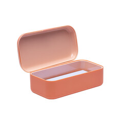 Open, rectangular, peach-colored box with rounded corners, interior visible