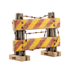 Rustic wooden barrier with red and yellow stripes, barbed wire, and aged appearance
