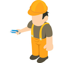 Isometric construction worker wearing orange hard hat and overalls holding a utility knife with a transparent background