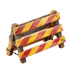 Aged wooden barricade, painted with alternating red and yellow stripes, warning symbol
