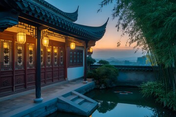 Serene Traditional Chinese Architecture with Glowing Lanterns Overlooking a Tranquil Pond at Dusk with Distant Hills