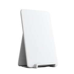 A white rectangular device, slightly angled, rests on a stand. Black background