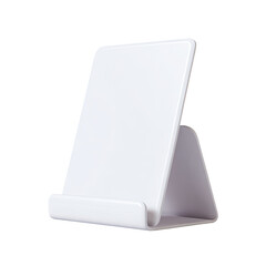 White minimalist plastic tablet or phone stand; sleek design, slightly angled