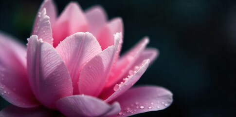 Fototapeta premium Close up of flower petals with dew drops, macro detail, serene mood, soft focus. Extreme close up of delicate flower petals adorned with tiny, sparkling dew drops. Soft focus background, creating a